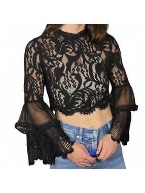 A.Peach Boutique Black Lace Flared Sleeve Top with Zip Up Back